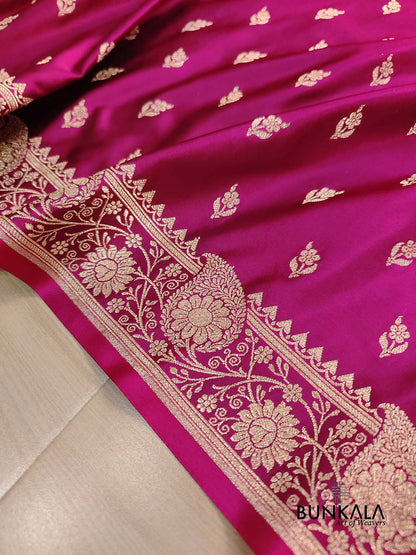 Magenta Pink Buti Weaved Banarasi Mashru Silk Floral Border Saree