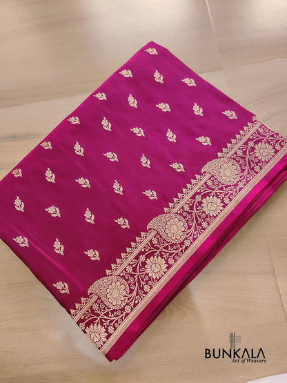 Magenta Pink Buti Weaved Banarasi Mashru Silk Floral Border Saree