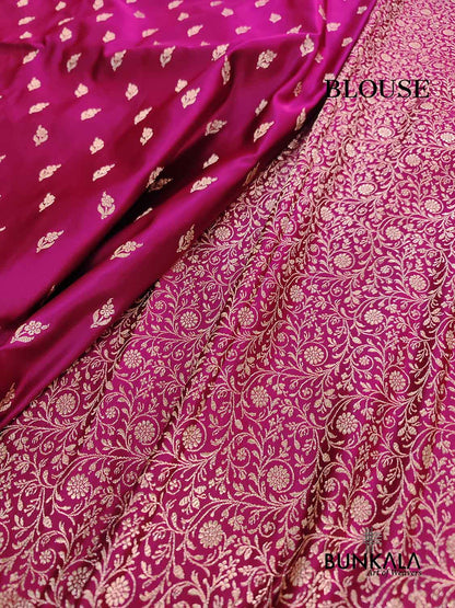 Magenta Pink Buti Weaved Banarasi Mashru Silk Floral Border Saree