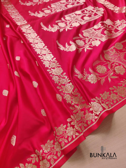 Pinkish Red Buti Weaved Banarasi Mashru Silk Floral Border Saree