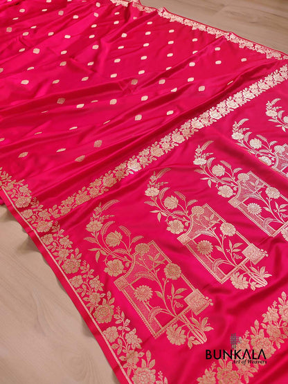 Pinkish Red Buti Weaved Banarasi Mashru Silk Floral Border Saree