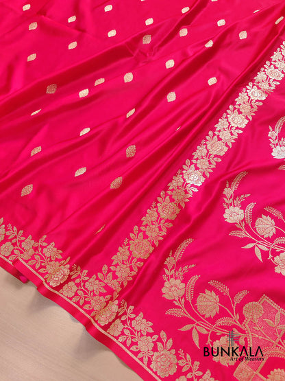 Pinkish Red Buti Weaved Banarasi Mashru Silk Floral Border Saree