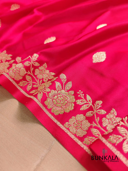 Pinkish Red Buti Weaved Banarasi Mashru Silk Floral Border Saree