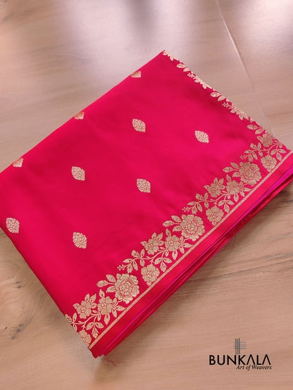 Pinkish Red Buti Weaved Banarasi Mashru Silk Floral Border Saree