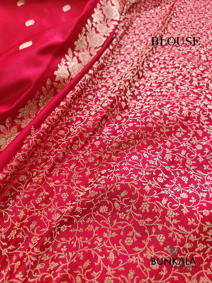 Pinkish Red Buti Weaved Banarasi Mashru Silk Floral Border Saree