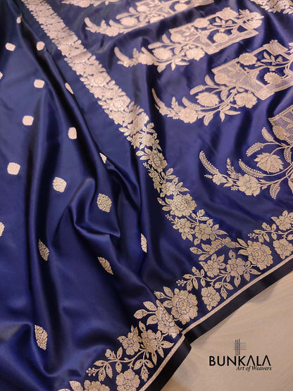 Navy Blue Buti Weaved Banarasi Mashru Silk Floral Border Saree