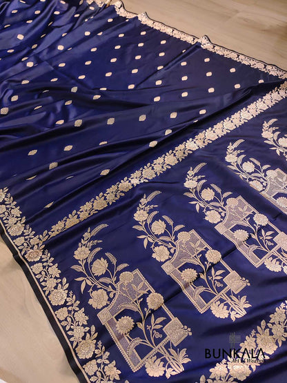 Navy Blue Buti Weaved Banarasi Mashru Silk Floral Border Saree