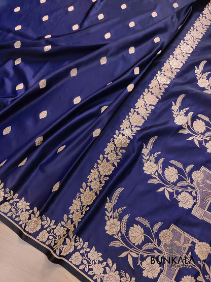 Navy Blue Buti Weaved Banarasi Mashru Silk Floral Border Saree