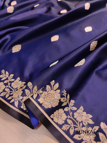 Navy Blue Buti Weaved Banarasi Mashru Silk Floral Border Saree