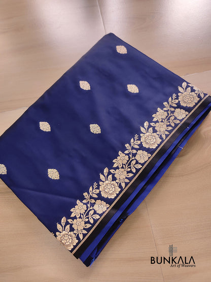 Navy Blue Buti Weaved Banarasi Mashru Silk Floral Border Saree