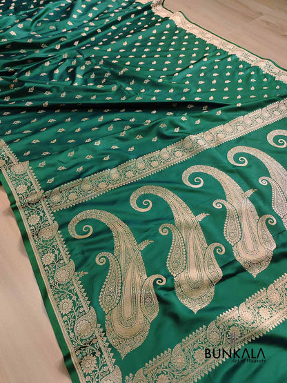 Green Buti Weaved Banarasi Mashru Silk Floral Border Saree