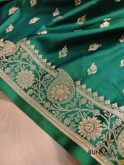 Green Buti Weaved Banarasi Mashru Silk Floral Border Saree