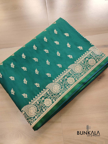 Green Buti Weaved Banarasi Mashru Silk Floral Border Saree
