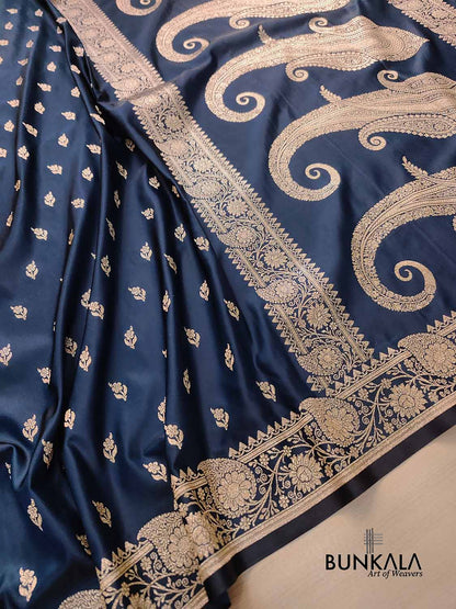 Blackish Blue Buti Weaved Banarasi Mashru Silk Floral Border Saree