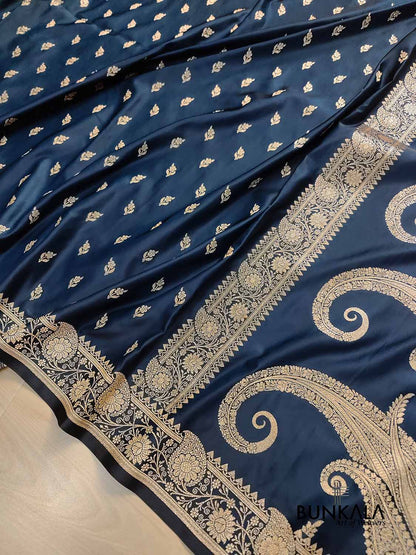 Blackish Blue Buti Weaved Banarasi Mashru Silk Floral Border Saree