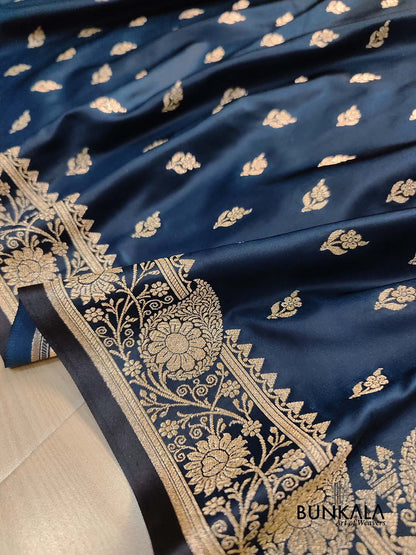 Blackish Blue Buti Weaved Banarasi Mashru Silk Floral Border Saree