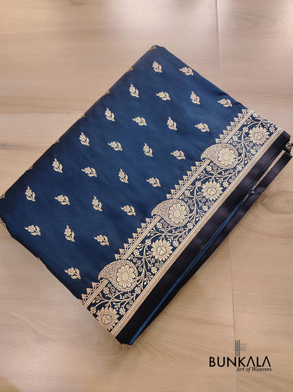 Blackish Blue Buti Weaved Banarasi Mashru Silk Floral Border Saree