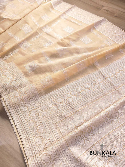 Pastel Peach Thread Work Floral Design Embroidered Organza Saree
