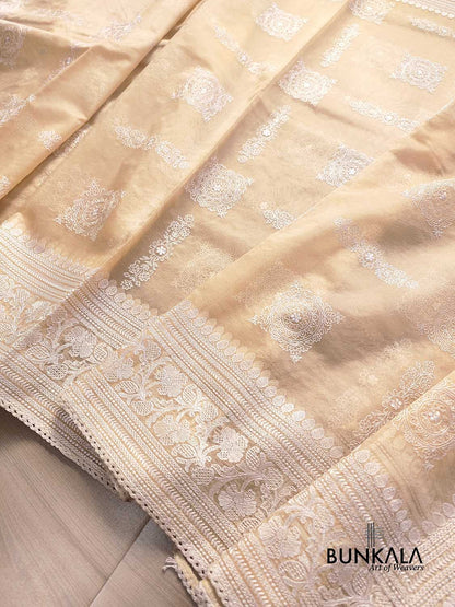 Pastel Peach Thread Work Floral Design Embroidered Organza Saree