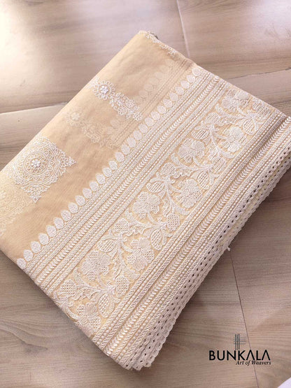 Pastel Peach Thread Work Floral Design Embroidered Organza Saree