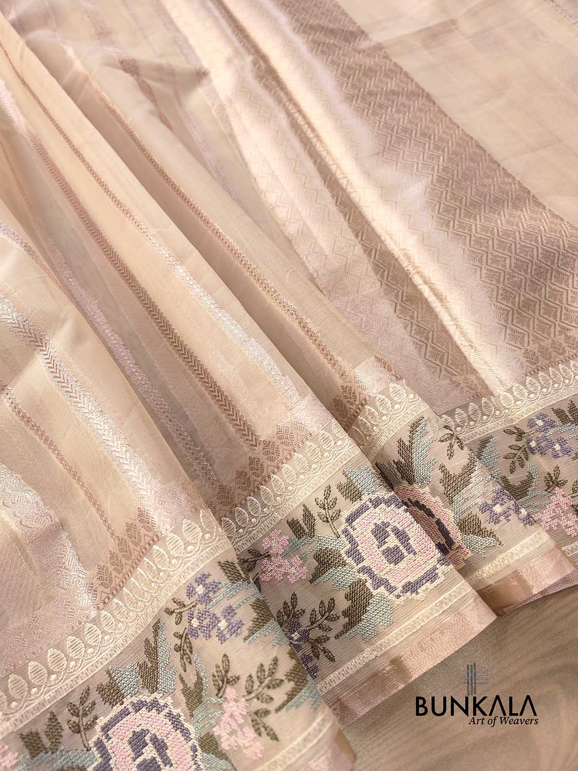 Beige Banarasi Stripe Design Floral Embroidered Border Organza Saree