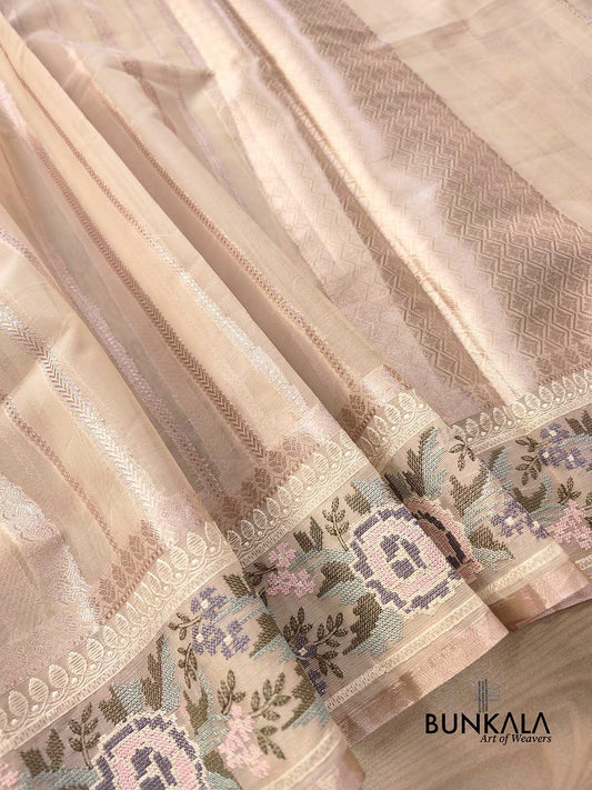 Beige Banarasi Stripe Design Floral Embroidered Border Organza Saree