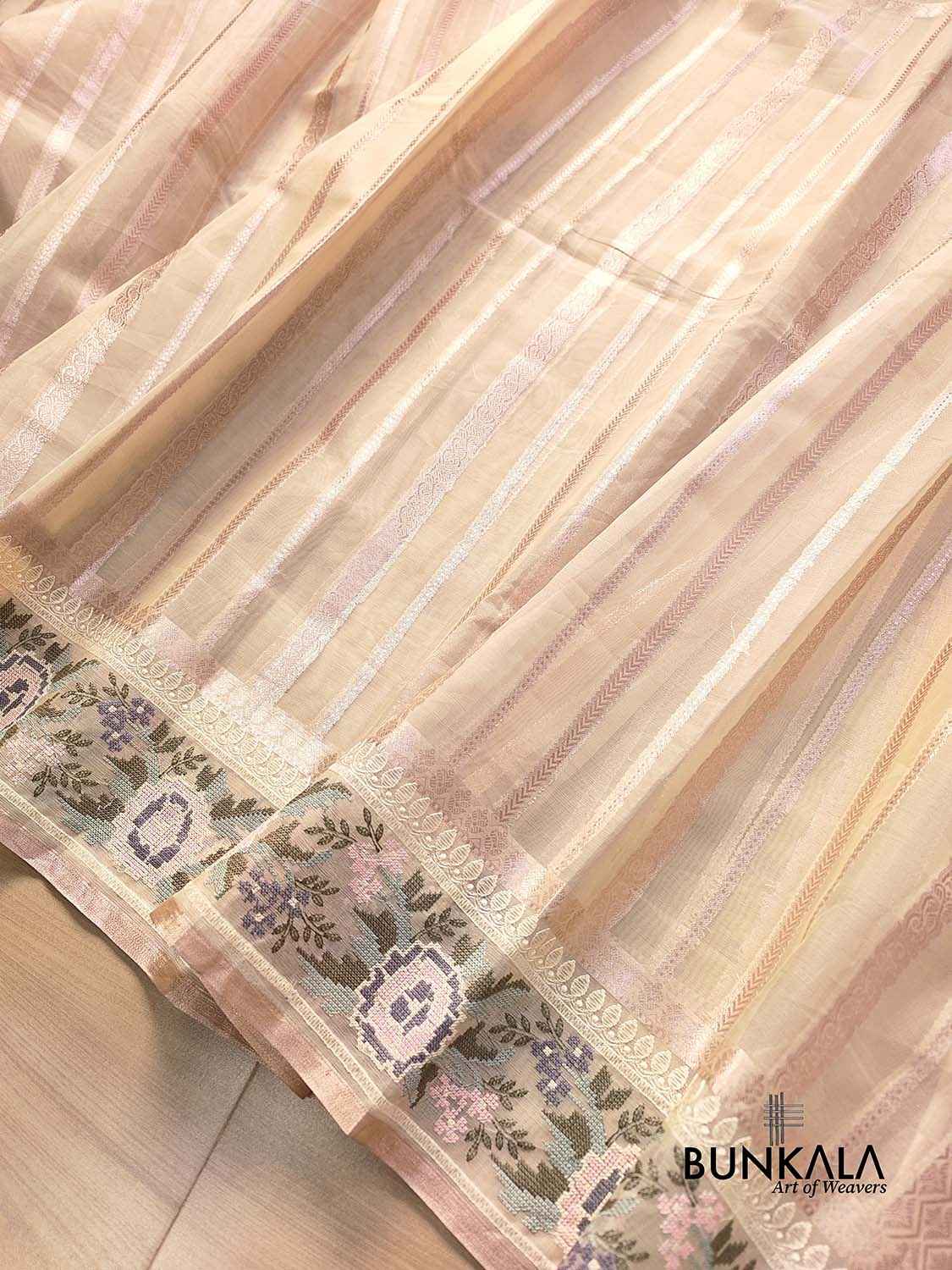 Beige Banarasi Stripe Design Floral Embroidered Border Organza Saree
