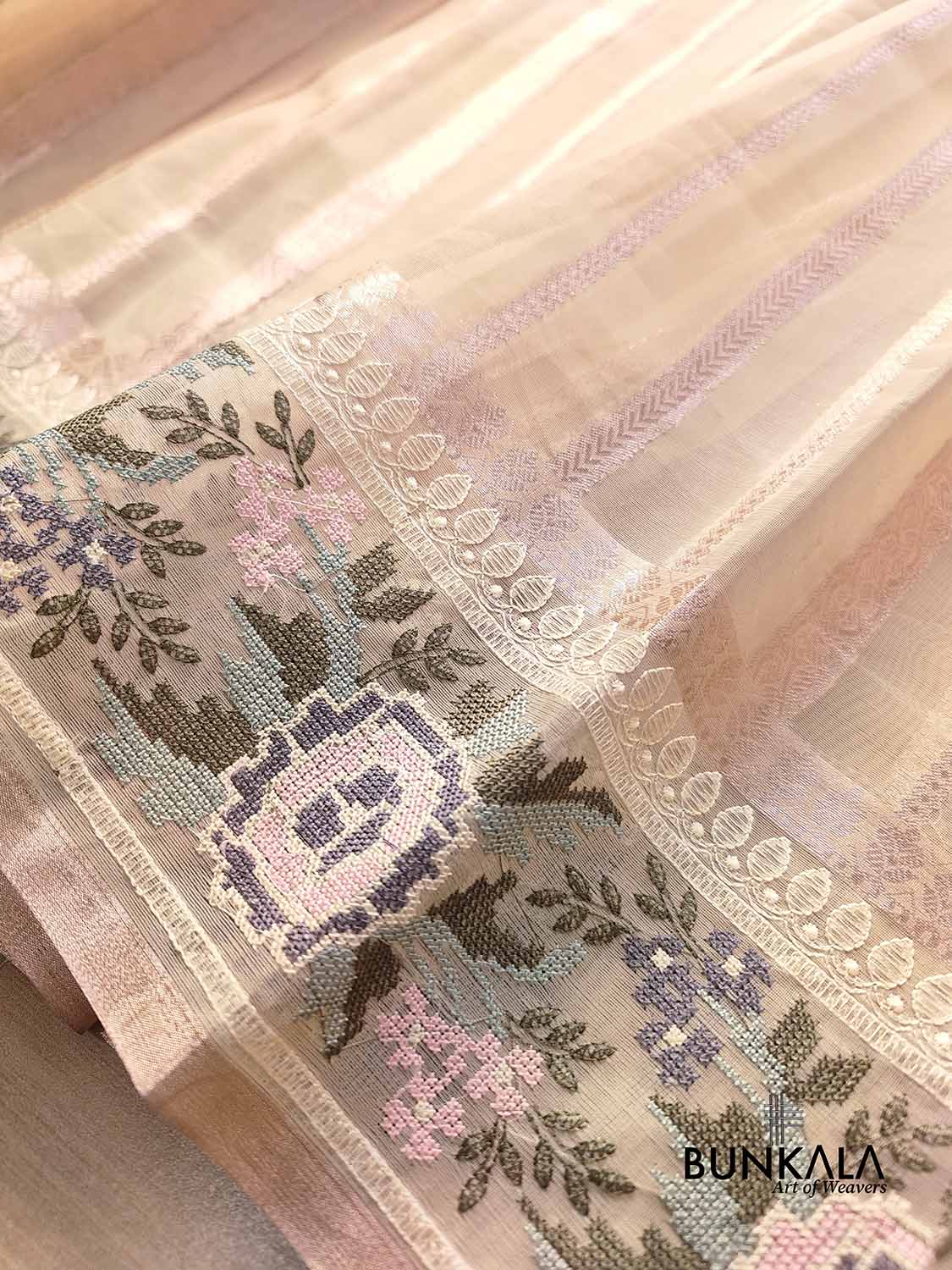 Beige Banarasi Stripe Design Floral Embroidered Border Organza Saree
