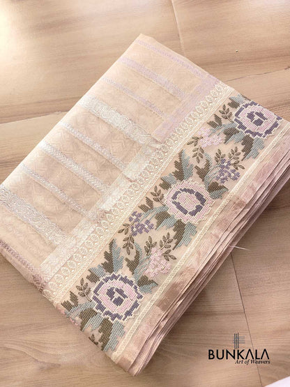 Beige Banarasi Stripe Design Floral Embroidered Border Organza Saree