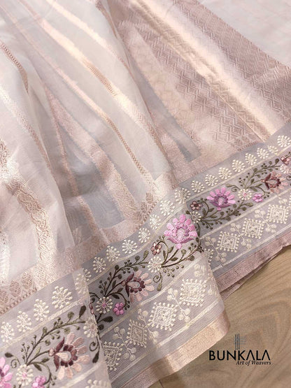 Pastel Grey Banarasi Stripe Design Floral Embroidered Border Organza Saree