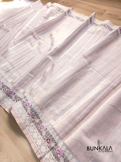 Pastel Grey Banarasi Stripe Design Floral Embroidered Border Organza Saree