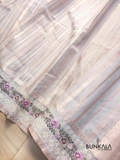 Pastel Grey Banarasi Stripe Design Floral Embroidered Border Organza Saree