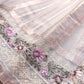 Pastel Grey Banarasi Stripe Design Floral Embroidered Border Organza Saree
