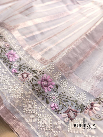 Pastel Grey Banarasi Stripe Design Floral Embroidered Border Organza Saree