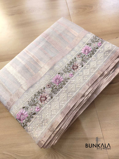 Pastel Grey Banarasi Stripe Design Floral Embroidered Border Organza Saree