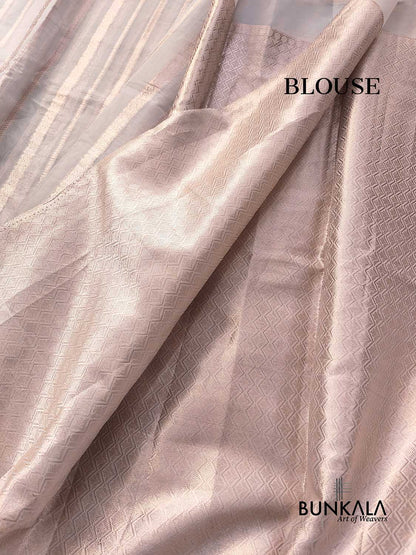 Pastel Grey Banarasi Stripe Design Floral Embroidered Border Organza Saree