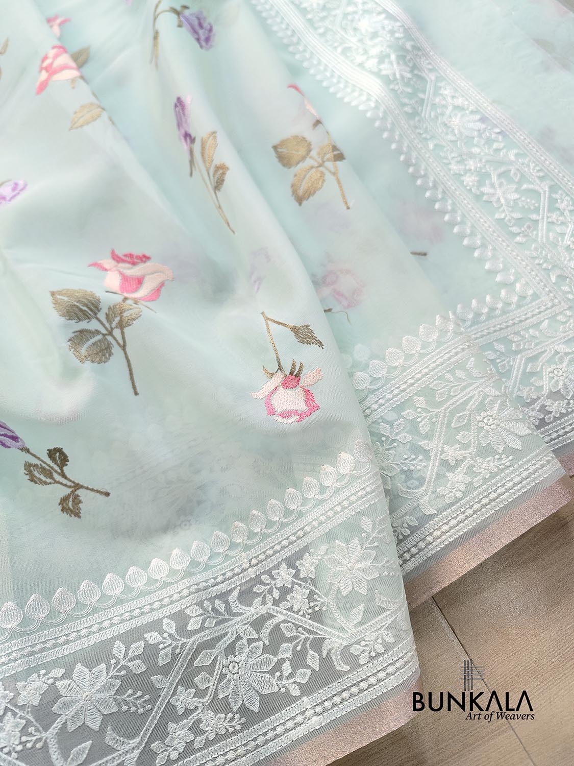 Shop Pastel Blue Multicolor Thread Work Rose Design Embroidered Organza ...