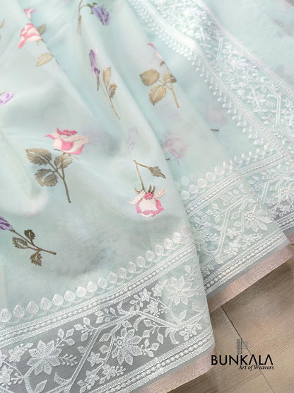 Pastel Blue Multicolor Thread Work Rose Design Embroidered Organza Saree