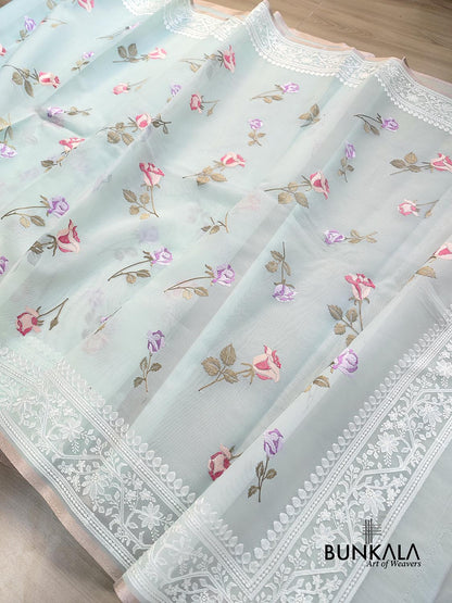 Pastel Blue Multicolor Thread Work Rose Design Embroidered Organza Saree