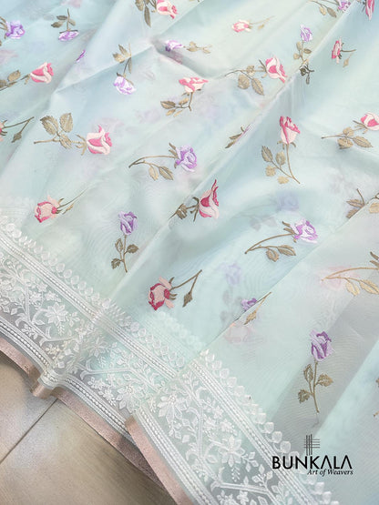 Pastel Blue Multicolor Thread Work Rose Design Embroidered Organza Saree