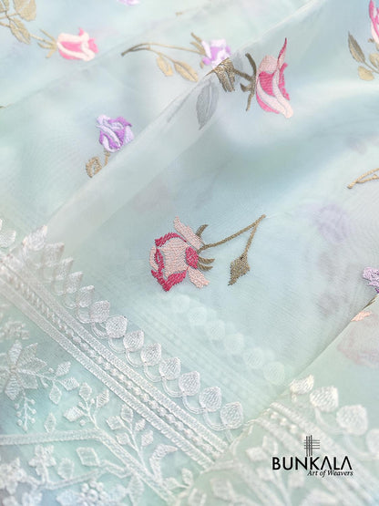 Pastel Blue Multicolor Thread Work Rose Design Embroidered Organza Saree
