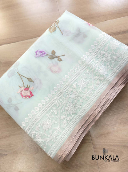 Pastel Blue Multicolor Thread Work Rose Design Embroidered Organza Saree