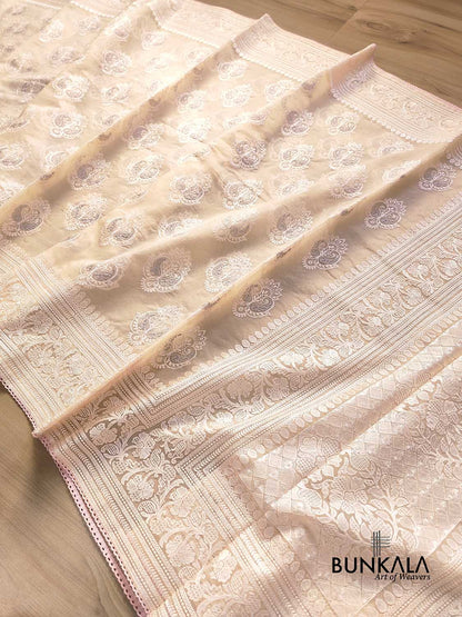 Pastel Peach Thread Work Floral Design Embroidered Organza Saree