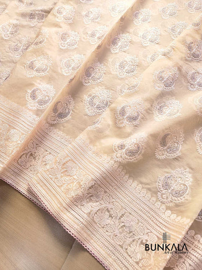 Pastel Peach Thread Work Floral Design Embroidered Organza Saree