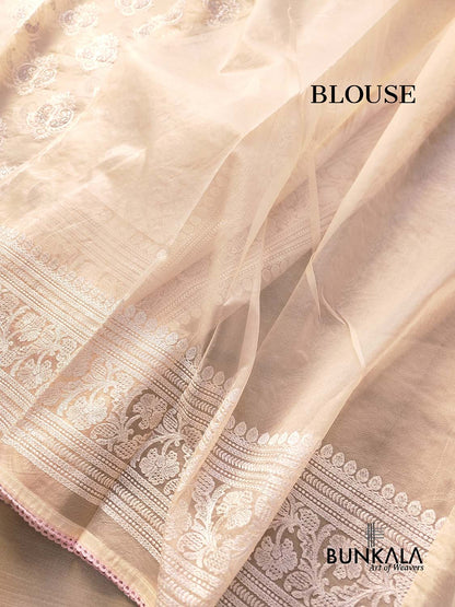Pastel Peach Thread Work Floral Design Embroidered Organza Saree