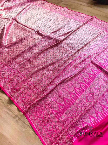 Magenta Pink Brocade Weaved Banarasi Mashru Silk Saree