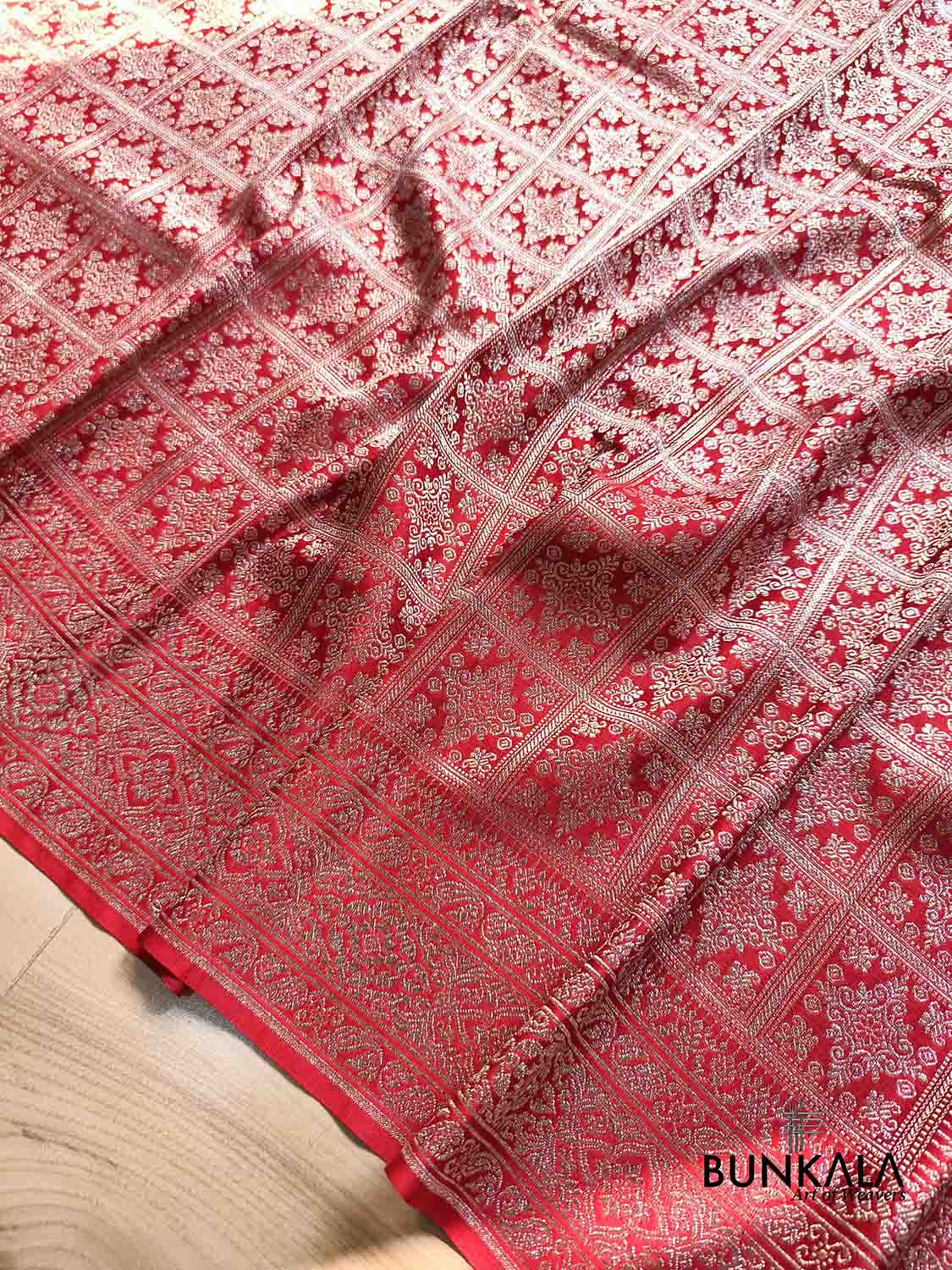Deep Red Gharchola Pattern Brocade Weaved Banarasi Mashru Silk Saree