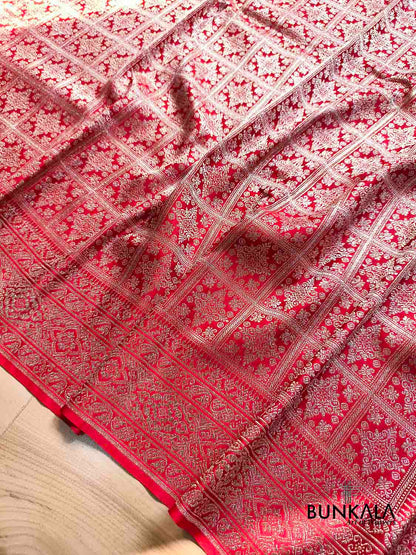 Deep Red Gharchola Pattern Brocade Weaved Banarasi Mashru Silk Saree