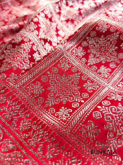 Deep Red Gharchola Pattern Brocade Weaved Banarasi Mashru Silk Saree