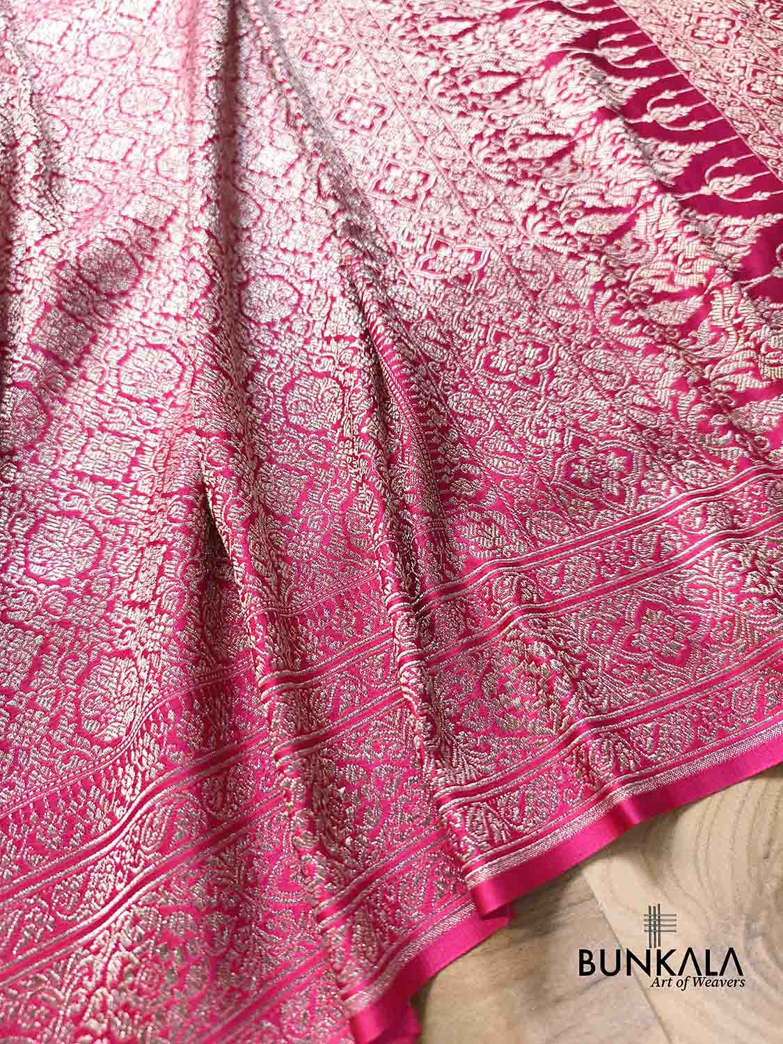 Magenta Pink Brocade Weaved Banarasi Mashru Silk Saree